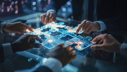 Close up view of hands working on a digital puzzle with glowing elements during a collaborative meeting in a modern office