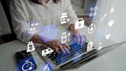 Online pharmacy icons showing medicine, healthcare, prescription and medical services with digital pharmacy, online drugstore, telemedicine and modern pharmaceutical solutions. Funnel - Powered by Adobe