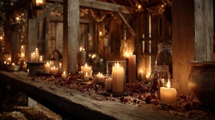 intimate holiday candles lit in a rustic barn,
