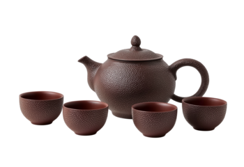 Brown Teapot and Four Cups isolated on a transparent background