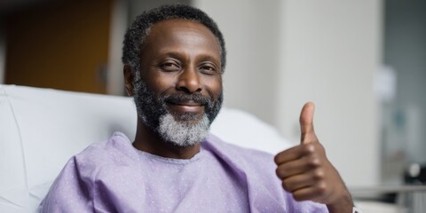Happy african adult male patient in hospital bed giving thumbs up
