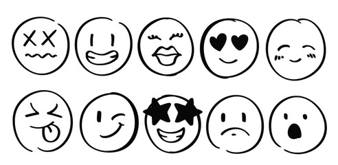 Set of hand drawn Face emoji theme Isolated Vector