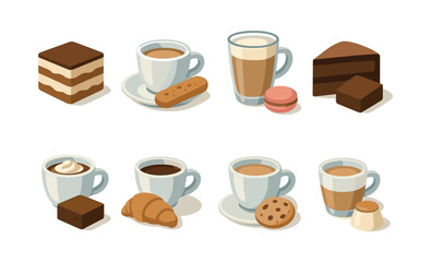Obraz premium Coffee and dessert set, cups, cakes, cookies, flat vector illustration