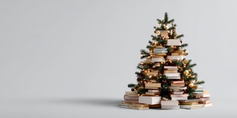 Obraz na płótnie Canvas Creative christmas tree made of stacked books decorated with lights and ornaments