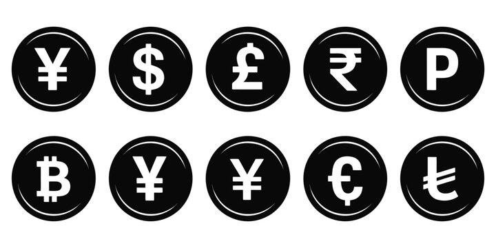 currency symbols icons set, vector illustration of coins with international currency signs including dollar, euro, pound, rupee, franc, ruble, yen, won, lira, riyal, new shekel, baht, colon, and peso,