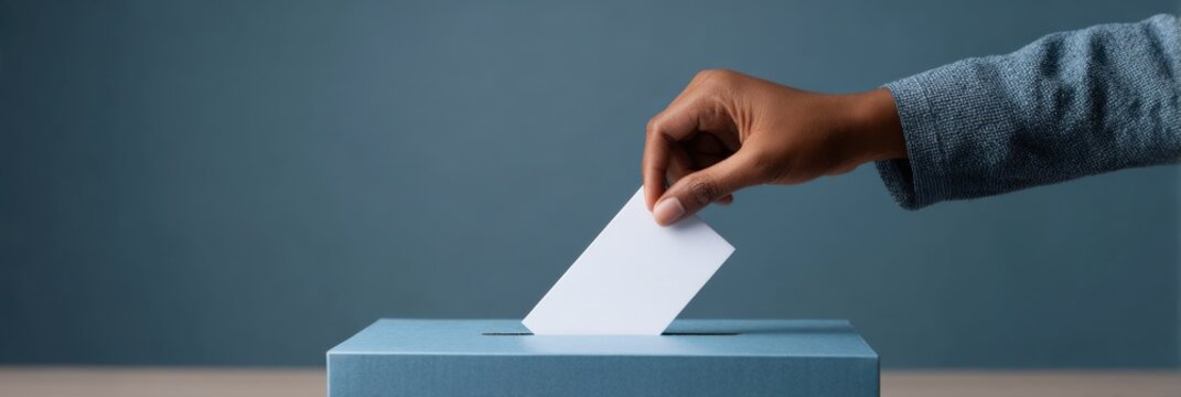 African female hand casting vote in blue ballot box against blue background