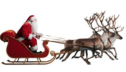 Santa travels in a sleigh pulled by reindeer during the winter season