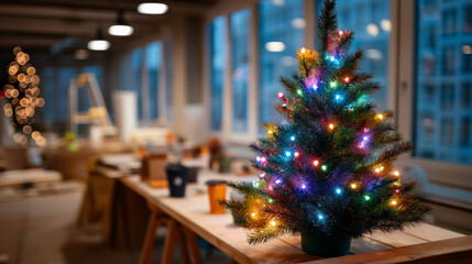 Christmas tree glowing, warm lights unfinished, home renovation festive, celebration holiday spirit, construction site decoration, seasonal cheer display, work in progress, defocus