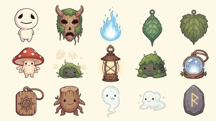Fototapeta premium Cute Pixel Art Fantasy Game Assets and Magic Elements Set.