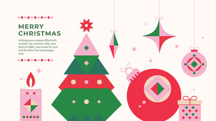 Modern geometric flat style Christmas greeting card with stylized green tree, pink ornaments, gift box and candle © DenKolt