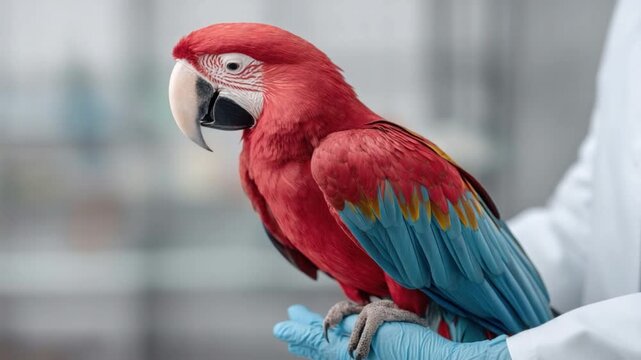 Bright Scarlet Macaw with Vivid Plumage Perched on Hand in a Professional Setting 4k video footage