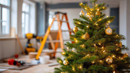 Christmas tree glowing, warm lights unfinished, home renovation festive, celebration holiday spirit, construction site decoration, seasonal cheer display, work in progress, defocus
