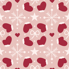 cute hand drawn christmas holiday season seamless vector pattern vintage illustration with red gloves, snowflakes, stars and hearts on pink background
