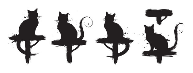 Four black cat silhouettes with artistic brushstroke details are depicted in a graphic, grunge-inspired style, perfect for various design projects and Halloween themes.