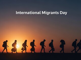 Silhouette of diverse group of migrants walking against a dramatic sunset sky to commemorate international migrants day event