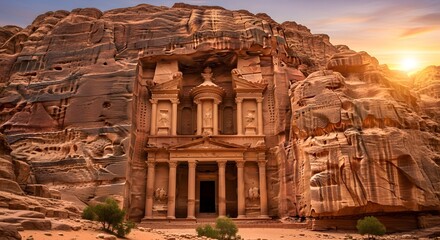 Ancient treasury building carved into rose rock canyon walls at sunset in petra jordan