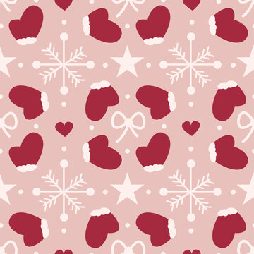 cute hand drawn christmas holiday season seamless vector pattern vintage illustration with red gloves, snowflakes, stars and hearts on pink background