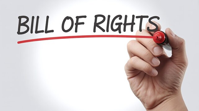 Bill of Rights Day education poster with hand underlining text, USA Constitution fundamental freedoms, December 15 civic awareness