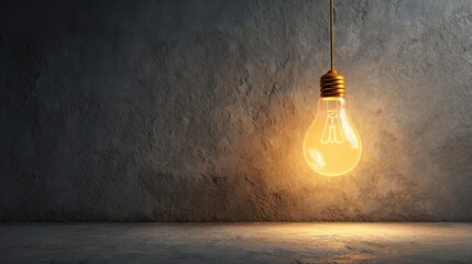 Vintage light bulb hanging from ceiling, illuminating textured concrete wall, casting warm glow on surface, creating inviting atmosphere for creative design concepts