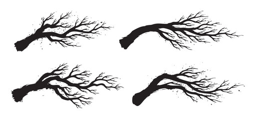 Obraz premium Stylized bare tree branches silhouettes with a grunge texture appear to be swept away by wind, creating an artistic and dynamic visual representation of nature's raw power.