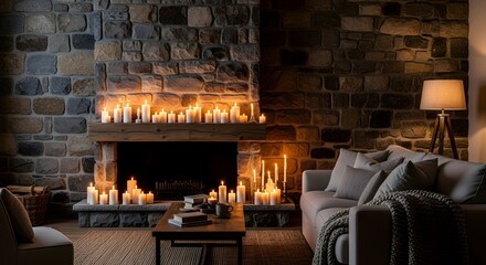 Cozy living room scene features numerous glowing white candles illuminating a rustic stone fireplace hearth and mantle