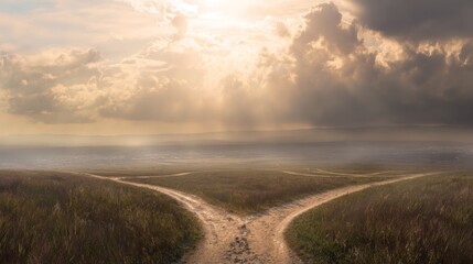 Conceptual crossroads splitting two paths in a symbolic decision-making scene. wellbeing guides, coaching materials, designed for mental health education and mindfulness programs.