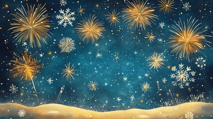 A festive winter night sky filled with golden fireworks and snowflakes over a snowy landscape, creating a magical holiday atmosphere.
