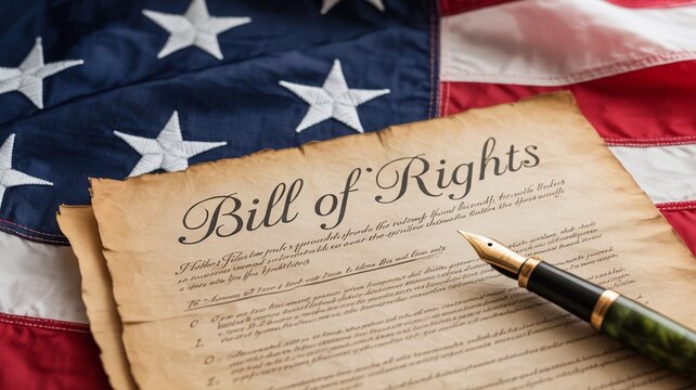 Bill of Rights document with quill on American flag, USA Constitution fundamental freedoms, December 15 civic patriotism
