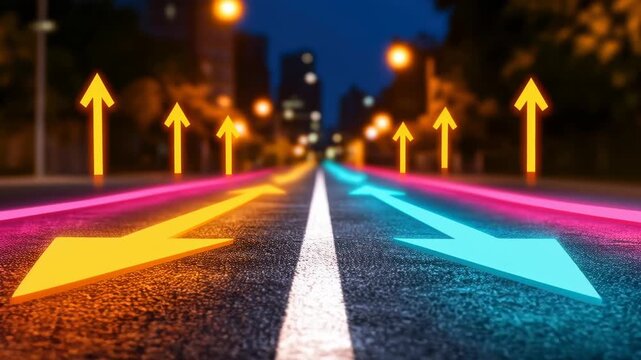 Neon arrow city street night motion blur glowing direction urban road perspective vibrant energy forward focus dynamic path progress long exposure