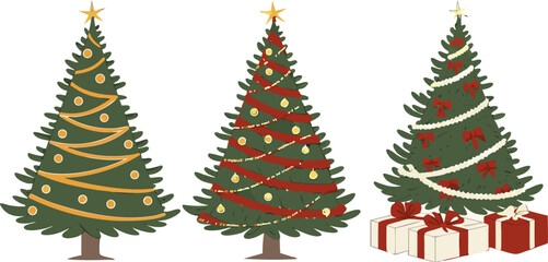 A full Christmas tree adorned with colorful ornaments, ribbons, and a star on top, set against a transparent background.