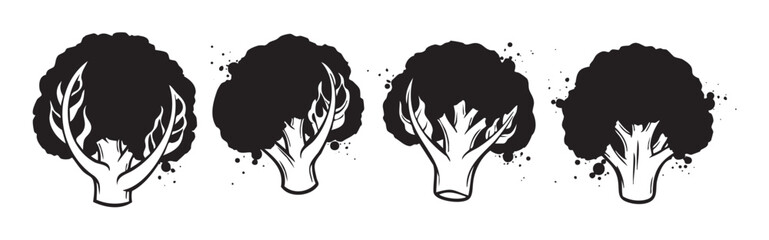 Four stylized broccoli florets with a graphic, hand-drawn aesthetic and subtle ink splatters, perfect for healthy eating designs and culinary themes.