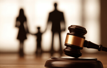 Gavel resting on wooden surface with blurred family silhouette in background, symbolizing justice, law, and family matters in a courtroom setting with emotional undertones