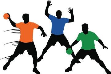 Three silhouette sports players in different colored shirts jumping and playing