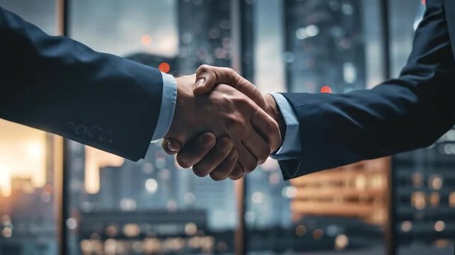 Close Up of Two Professional Business People in Dark Suits Shaking Hands Firmly in a Modern Office Building with a Cityscape Bokeh Background at Dusk