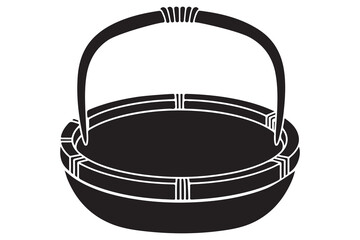 A simple black silhouette of a round woven basket with a curved handle isolated on white background
