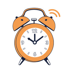 An orange alarm clock ringing isolated on white background at twelve oclock