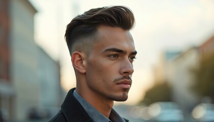 Obraz premium Young handsome man with stylish modern haircut looks thoughtfully sideways outdoors in busy city. High fade, short beard, wearing dark jacket. Confident guy contemporary male fashion, latest grooming