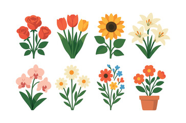 Fototapeta premium Flower bouquet collection, roses, tulips, sunflowers, flat vector illustration