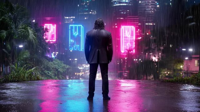 Neon cityscape cyberpunk night rain silhouette man urban street reflections and skyline glow, moody futuristic vibe with wet pavement, dramatic