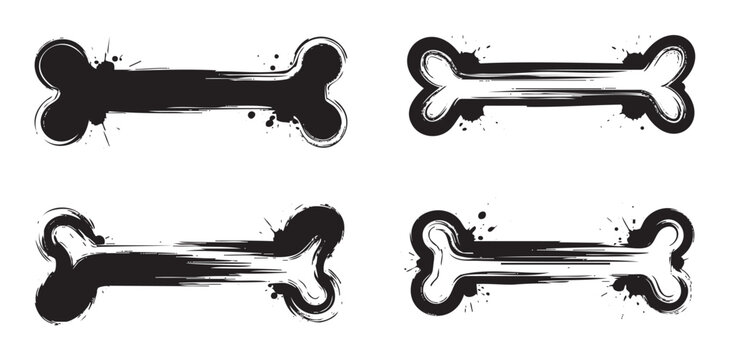 Bone shapes grunge style set of four artistic black brushstroke designs with ink splatters creating a dynamic and textured graphic element.
