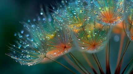 Dandelion seeds covered in water drops with bokeh effect