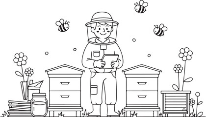Beekeeper in protective clothing standing near beehives and flowers on