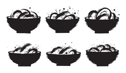Six abstract bowls of noodles with a textured brush stroke effect, creating a modern graphic design element perfect for culinary themes.