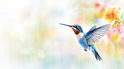 Naklejka premium Vibrant hummingbird in flight, surrounded by soft floral elements, captures essence of nature beauty and grace