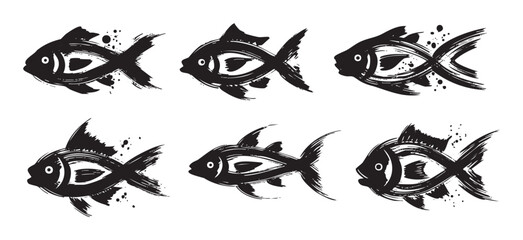 Six stylized brushstroke fish illustrations arranged in a dynamic pattern, showcasing an elegant and traditional oriental art style.