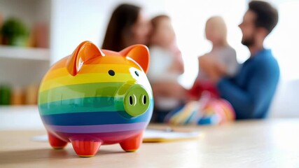 Rainbow piggy bank savings family parent child home budget finance colorful pride warmth hope inclusive support optimism and care unite table with