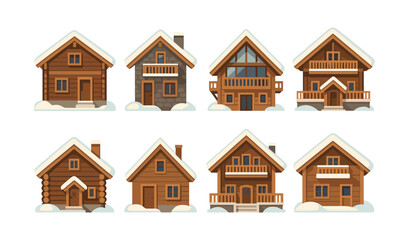 Winter cabin collection, snowy rooftops, cozy cottages, flat vector illustration
