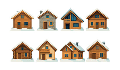 Winter cabin designs, snow, cozy, homes, flat vector illustration