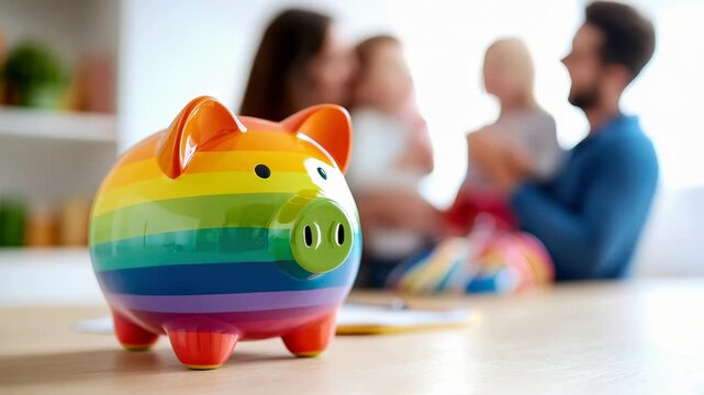 Rainbow piggy bank savings family parent child home budget finance colorful pride warmth hope inclusive support optimism and care unite table with