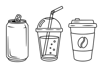 Black and white line of soda can soft drink cup and coffee cup isolated